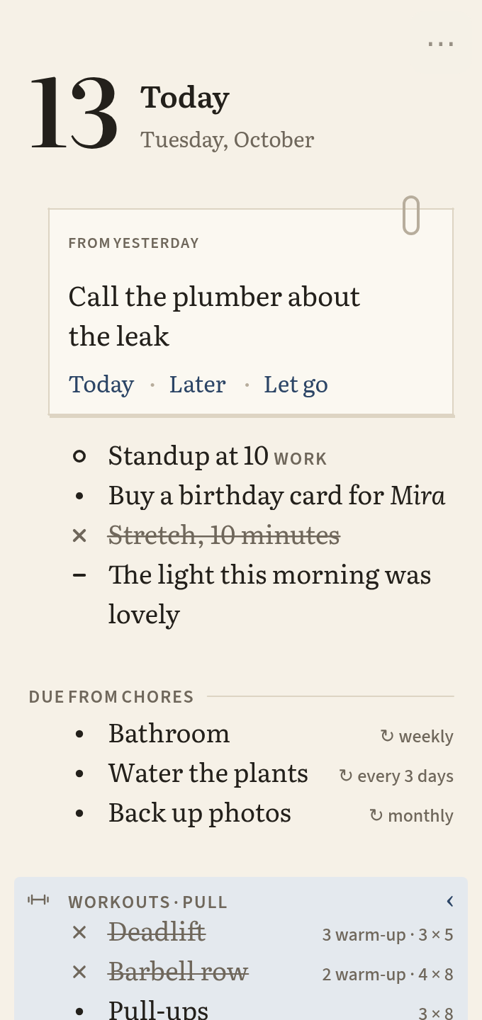 Today in Inklings: the day's page, a task waiting from an earlier day, and the chores and collections pinned to it